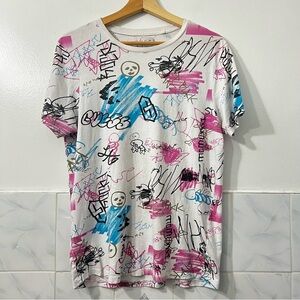 Guess Men's White Graffiti All Over Print Streetwear Skater Cotton Shirt Size S
